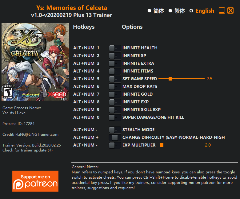 Ys Memories of Celceta Trainer screenshot