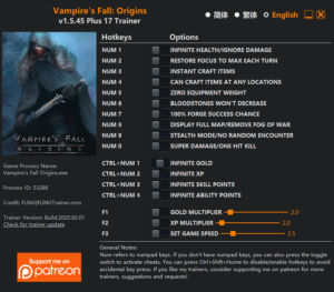 Vampires Fall Origins Trainer screenshot