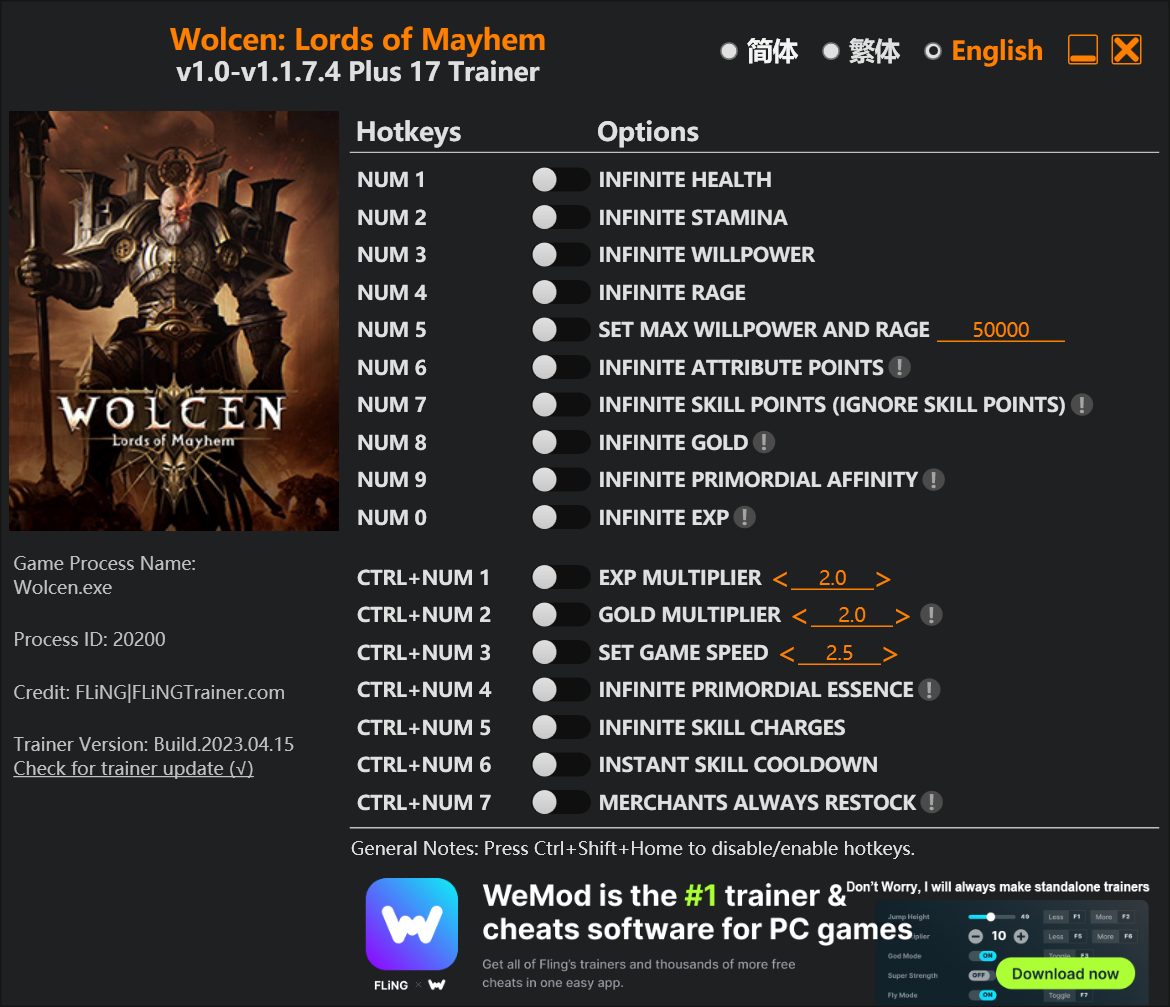 Wolcen Lords of Mayhem Trainer screenshot
