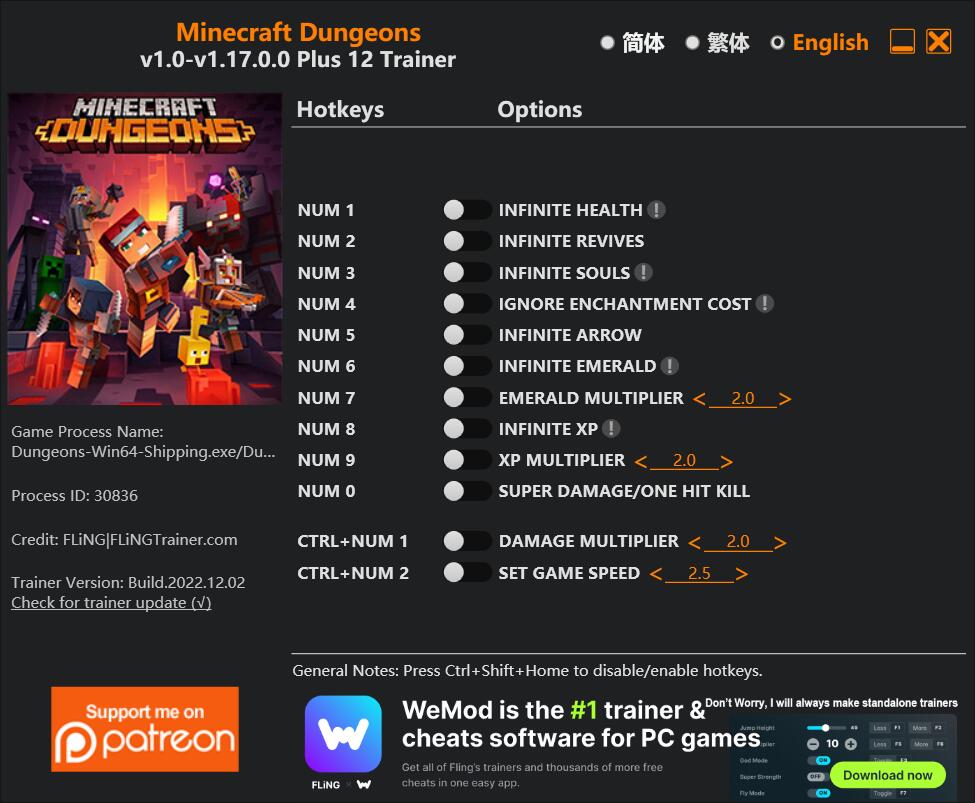 Minecraft Dungeons Trainer screenshot