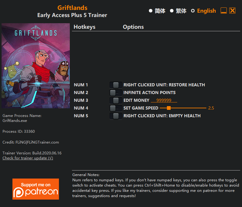 Griftlands Trainer screenshot