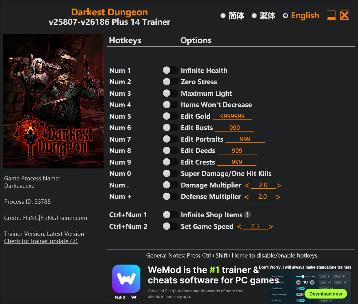 Darkest Dungeon Trainer screenshot