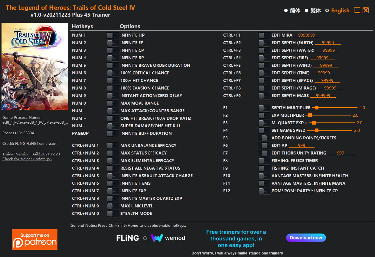 The Legend of Heroes Trails of Cold Steel IV Trainer screenshot