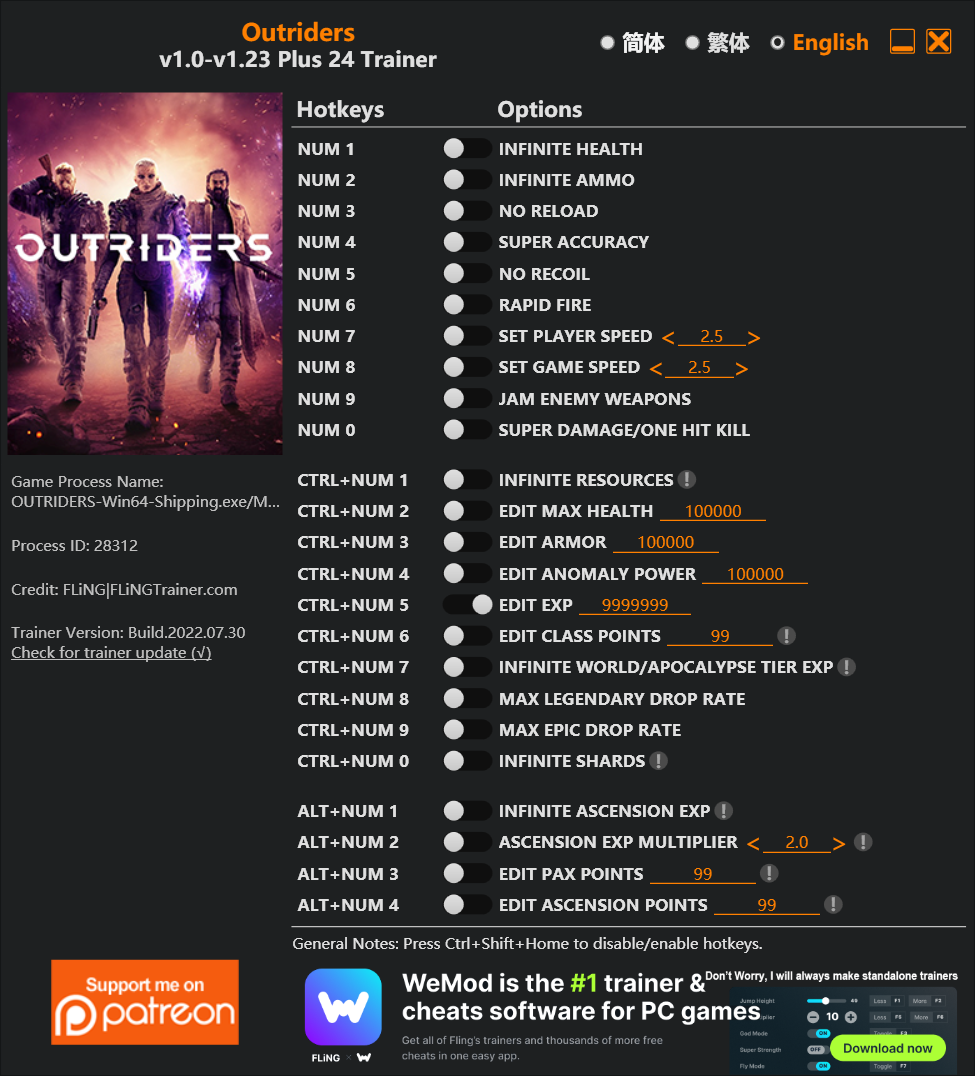 Outriders Trainer screenshot