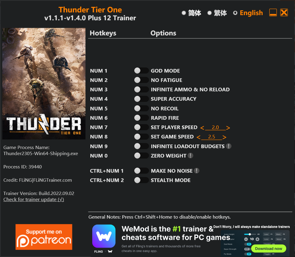 Thunder Tier One Trainer screenshot