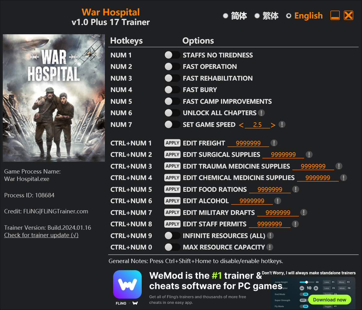 War Hospital Trainer screenshot