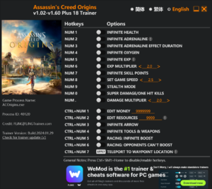 Assassins Creed Origins Trainer screenshot