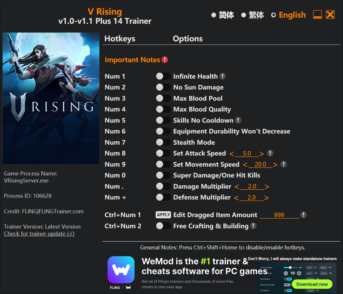V Rising Trainer screenshot