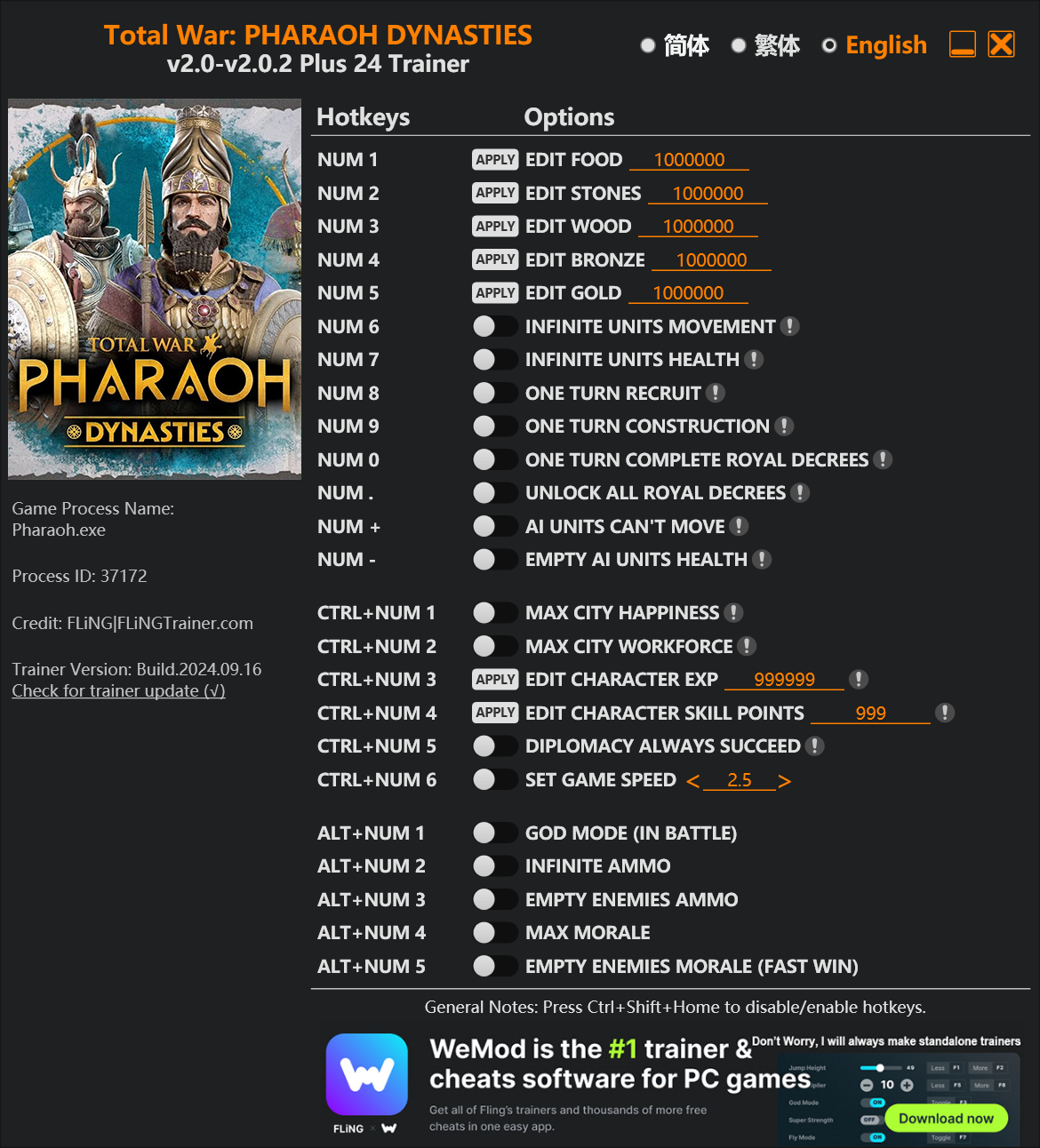 Total War Pharaoh Dynasties Trainer screenshot