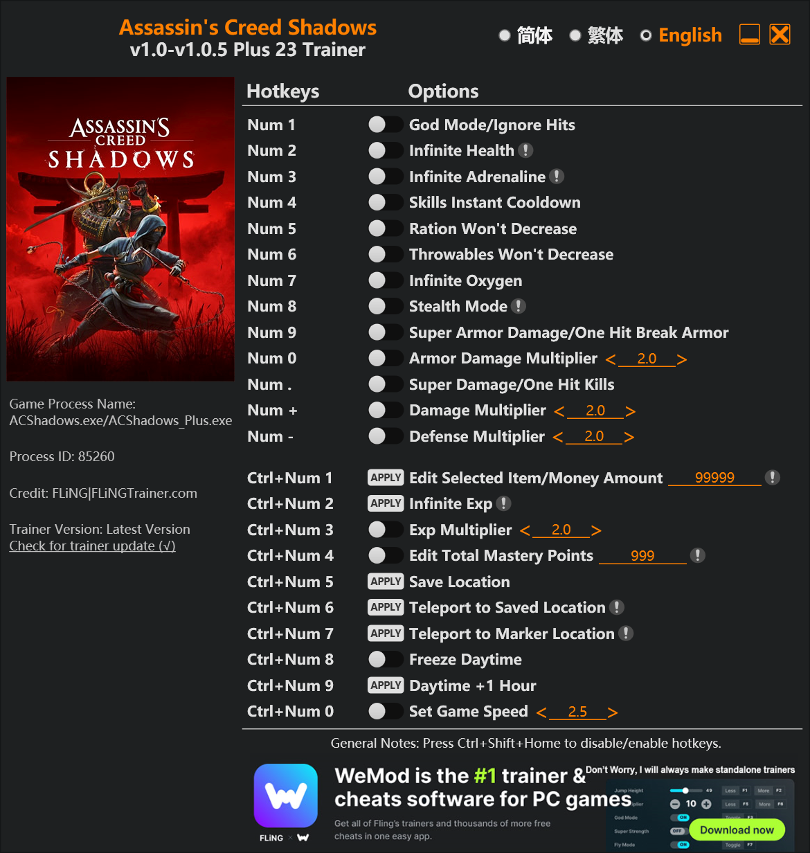 Assassins Creed Shadows Trainer screenshot
