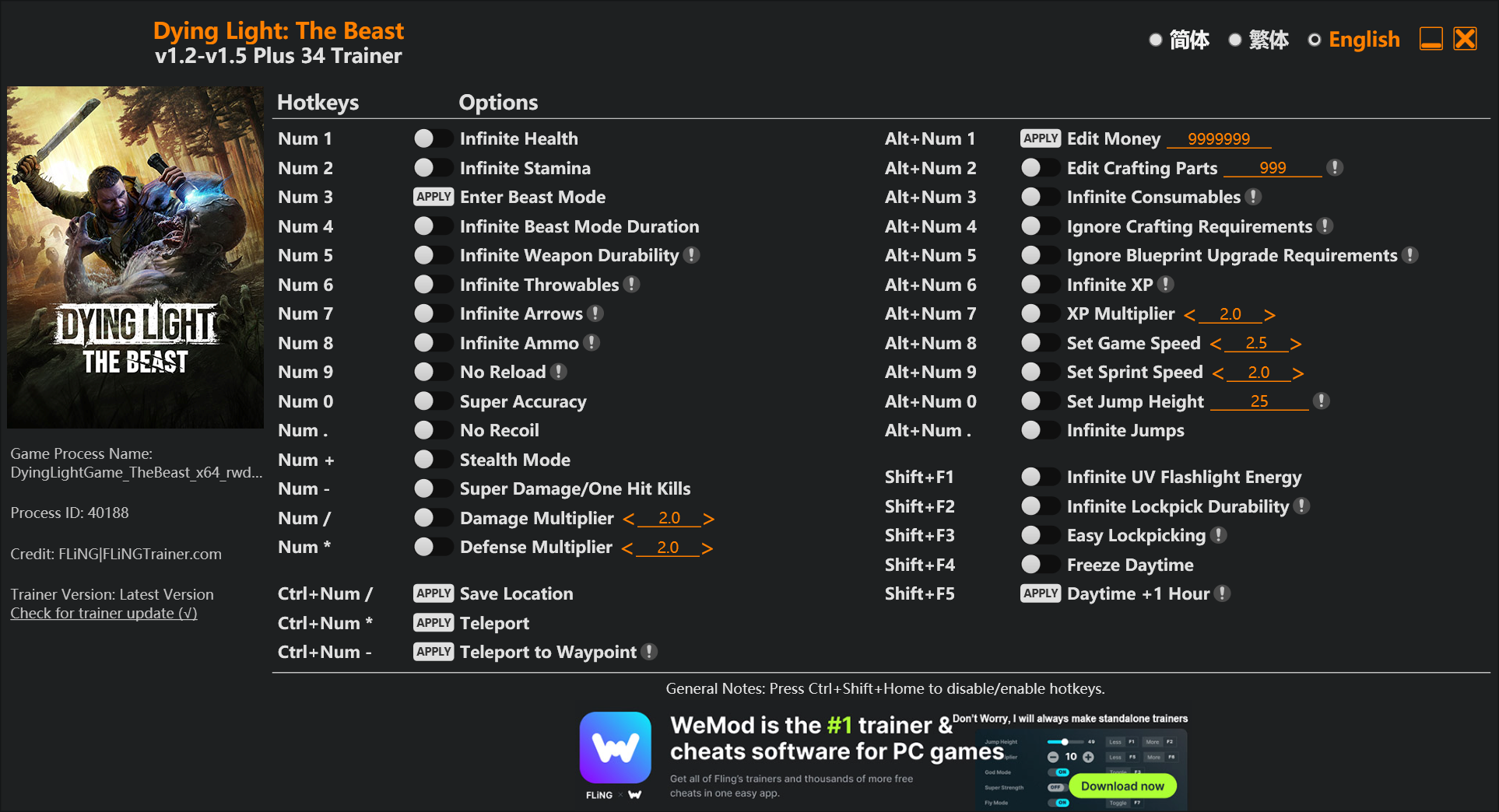 Dying Light the Beast Trainer screenshot